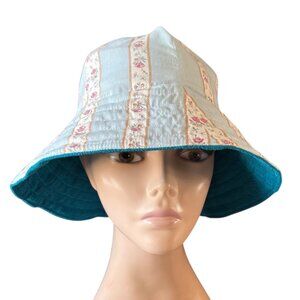 Reversible Floral and Teal Bucket Hat Size Medium Sun Hat Wide Brim For Women